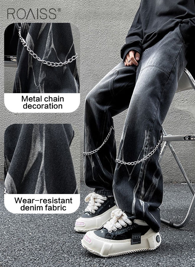 رويس بنطلون جينز رجالي بساق مستقيمة وجيوب، بنطلون جينز مصبوغ برباط مع زخرفة سلسلة، بنطلون مريح ومناسب للبشرة للرجال، مناسب للارتداء اليومي أو أي أنشطة خارجية - Image 5